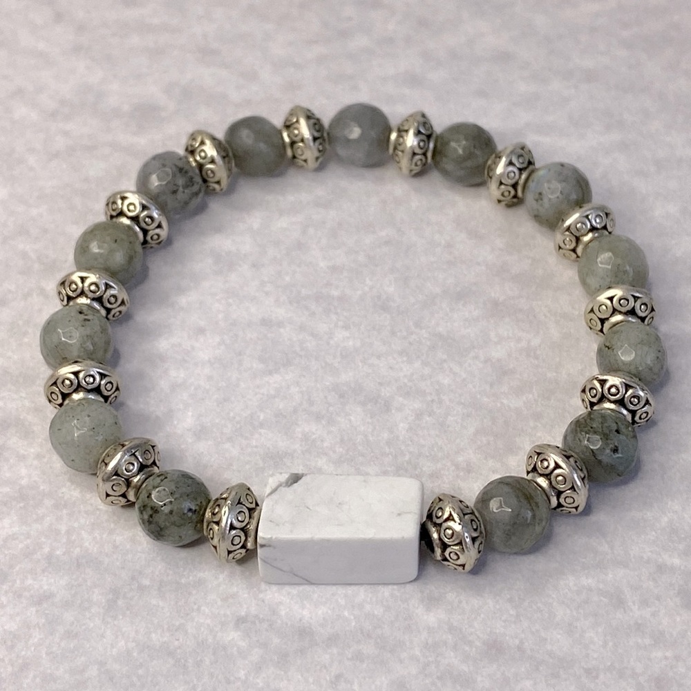 Labradorite Howlite Silver Beaded stretch bracelet unisex